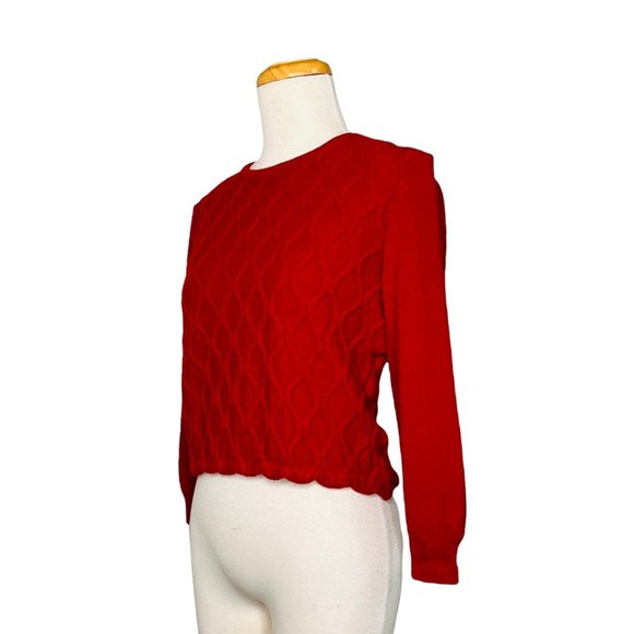 St. John Vintage Crop Waffle Knit Sweater Ribbed Cuffs, St. John Gold Metal Logo - Picture 9 of 10